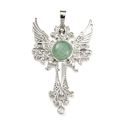 Green Aventurine Natural Green Aventurine Big Pendants, Cross with Wing Charms, with Platinum Plated Brass Findings, 52.5x32x7~7.5mm, Hole: 4x8mm & 2mm