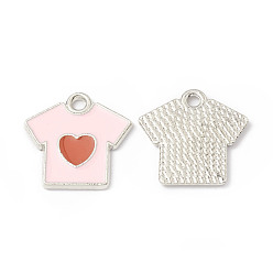 BrumosaRosa Colgantes de la aleación del esmalte, camiseta con estampado de corazón, Platino, rosa brumosa, 16x16x1.2 mm, agujero: 1.7 mm