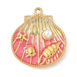 Ярко-Розовый 304 нержавеющей стальной эмали подвески, с ABS имитации жемчуга, шарм в форме ракушки, реальный 18 k позолоченный, ярко-розовый, 29x25.5x5 мм, отверстие : 1.8 мм