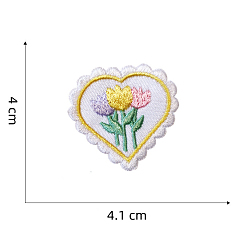 White Computerized Embroidery Cloth Self-adhesive/Sew on Patches, Costume Accessories, Heart with Tulip, White, 40x41mm