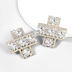 white Retro Style Cross Earrings with Sparkling Glass and Rhinestone Decoration for Parties