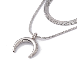 Stainless Steel Color 2Pcs 2 Style 304 Stainless Steel Crescent Moon Pendant Necklaces Set, Herringbone & Snake Chains Stackable Necklaces for Women, Stainless Steel Color, 15.94~17.72 inch(40.5~45cm), 1Pc/style