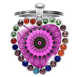 Magenta Heart Rhinestone Time Gem Glass Keychain, Yoga Mandala Flower Pendant Keychain, with with Alloy Findings, Magenta, 2.5cm
