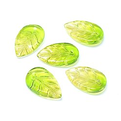 Green Yellow Transparent Glass Pendants, Leaf, Two Tone, Green Yellow, 18x11x3mm, Hole: 1.2mm