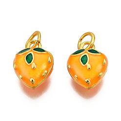 Orange Alloy Enamel Charms, Cadmium Free & Lead Free, with Jump Rings, Matte Gold Color, Strawberry, Orange, 12x9.5x6mm, Jump Ring: 5x1mm, 3mm inner diameter