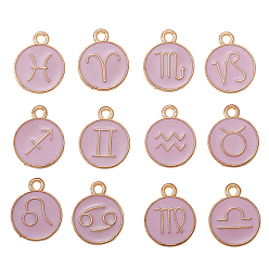 Thistle Alloy Enamel Pendants, Golden, Flat Round with Twelve Constellation Pattern, Thistle, 15x12mm, 12pcs/set