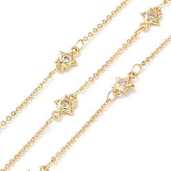Real 18K Gold Plated Clear Cubic Zirconia Star Link Chains, with Brass Cable Chains, Unwelded, with Spool, Cadmium Free & Nickel Free & Lead Free, Real 18K Gold Plated, 9x6x1.5mm