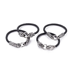 Antique Silver Braided Leather Cord Bracelets, with 304 Stainless Steel Findings, Mixed Shapes, Black, Antique Silver, 7-1/8 inch~8-5/8 inch(18~22cm)