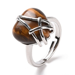 Тигровый глаз Регулируемое кольцо с сердцем из натурального тигрового глаза, украшения из латунной проволоки для женщин, без кадмия и без свинца, размер США 7 1/4~13 (17.5~22.3 мм)