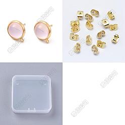 Real 18K Gold Plated 20Pcs Flat Round Brass & Glass Stud Earrings, with Loop, with 20Pcs Brass Ear Nuts, Real 18K Gold Plated, 14x12mm, Hole: 1.2mm, Pin: 0.7mm