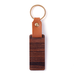 Rectangle Wooden & Imitation Leather Pendant Keychain, with Iron Rings, Rectangle, 13cm