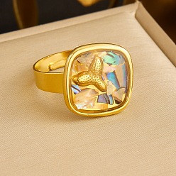 Cuadrado 304 Anillos de acero inoxidable y concha de paua, dorado, cuadrado con cola de pescado, diámetro interior: 15~20 mm