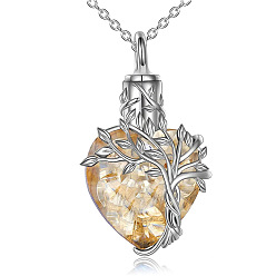 Bisque Heart with Tree of Life Glass Urn Pendant Necklaces, Stainless Steel Chain Necklaces, Bisque, 21.65 inch(55cm)