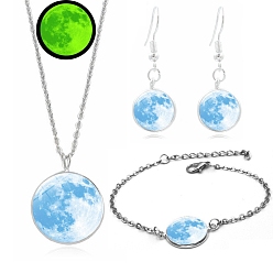 Light Sky Blue Alloy & Glass Moon Effect Luminous Jewerly Sets, Including Bracelets, Earring and Necklaces, Light Sky Blue