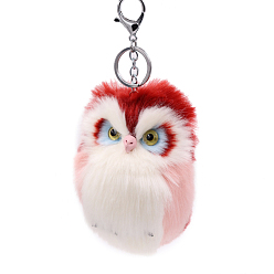 Dark Red Imitation Rabbit Fur Owl Pendant Keychain, with Random Color Eyes, Cute Animal Plush Keychain, for Key Bag Car Pendant Decoration, Dark Red, 15x8cm