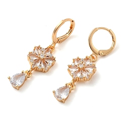 Clear Rack Plating Golden Brass Dangle Leverback Earrings, with Cubic Zirconia, Flower, Clear, 38x10.5mm
