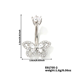 Платина Элегантные латунные хрустальные стразы бабочка изогнутые кольца для пупка штанга, платина, 23x16 мм