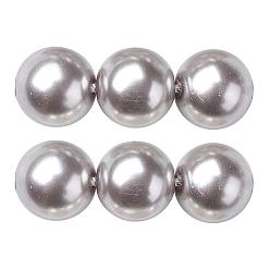 Silver Eco-Friendly Glass Pearl Beads Strands, Grade A, Round, Dyed, Cotton Cord Threaded, Silver, 12mm, Hole: 1.2~1.5mm, about 34pcs/strand, 15.7 inch