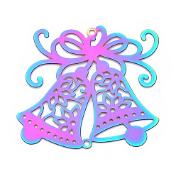 Rainbow Color Рождественская тема 201 большие подвески из нержавеющей стали, гравированные металлические украшения, рождественский колокольчик, Радуга цветов, 43x45x0.3 мм, отверстие : 1.6 мм