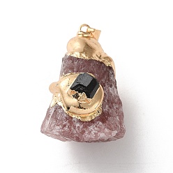 Клубничный Кварц Подвески из натурального необработанного клубничного кварца и обсидиана с гальваническим покрытием, подвески-самородки с латунной фурнитурой, золотые, стойки покрытие, 36.5~50x25~32.5x17~30.5 мм, отверстие : 4x6 мм