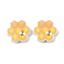 Yellow Printed Schima Wood Beads, Bees with Hive, Spray Paint, Yellow, 19x20x6mm, Hole: 2mm