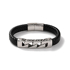Antique Silver Men's Braided Black PU Leather Cord Bracelets, Hollow Rectangle 304 Stainless Steel Link Bracelets with Magnetic Clasps, Antique Silver, 8-3/4 inch(22.2cm)