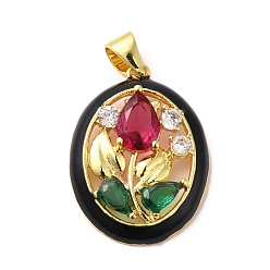 Черный Покрытие стойки латунь микро паве подвески с цветной эмалью кубического циркония, долговечный, без кадмия и без свинца, реальный 18 k позолоченный, овал с подвесками в виде цветов, чёрные, 21.5x16x4 мм, отверстие : 4.5x3 мм