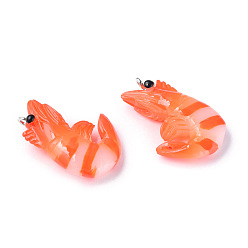 Coral Opaque Resin Pendants, with Platinum Plated Iron Loops, Imitation Food, Shrimp, Coral, 31x20x8.5mm, Hole: 2mm