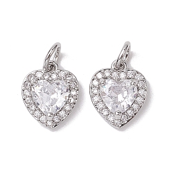 Platinum Valentine's Day Brass Micro Pave Clear Cubic Zirconia Charms, Heart Charms, Platinum, 12x9.5x4mm, Hole: 3.4mm