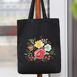 Pink DIY Flower Pattern Black Canvas Tote Bag Embroidery Kit, including Embroidery Needles & Thread, Cotton Fabric, Plastic Embroidery Hoop, Pink, 390x340mm