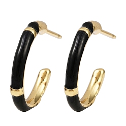 Черный С-образные серьги-гвоздики из латуни с эмалью, без кадмия и без свинца, стойки покрытие, долговечный, реальный 18 k позолоченный, чёрные, 18.5x2.5 мм