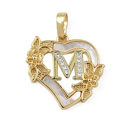 Letter M Латунь микропаве фианиты с подвесками-ракушками, Сердце и письмо, долговечный, без свинца и без кадмия, стойки покрытие, Буква М, 20x20.5x3 мм, отверстие : 3.5x5 мм