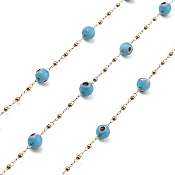 Light Sky Blue Evil Eye Lampwork Beaded Link Chains, with Golden 304 Stainless Steel Paperclip Chains, Soldered, with Spool, Light Sky Blue, 6mm, 2mm, about 32.81 Feet(10m)/Roll