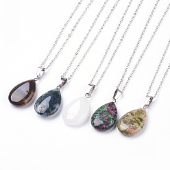 Mixed Stone Natural & Synthetic Gemstone Pendant Necklaces, with Brass Chains, teardrop, 17.3 inch(44cm), 1.5mm