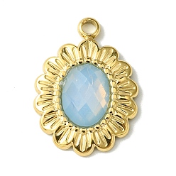 Light Blue Ion Plating(IP) Real 14K Gold Plated 304 Stainless Steel with Glass Pendant, Oval Flower Charms, Light Blue, 18x13x3.5mm, Hole: 1.6mm