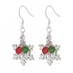 Colorful Christmas Snowflake Alloy Dangle Earrings with Glass Beads, 304 Stainless Steel Big Drop Earrings for Women, Colorful, 46.5mm, Pin: 0.7mm