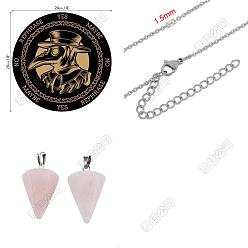 Raven 1пк деревянная маятниковая доска, 1 ПК 304 ожерелья-цепочки из нержавеющей стали, 1 подвески из натурального розового кварца, для колдовства принадлежности для викканского алтаря, ворон узор, доска: 200x4 мм