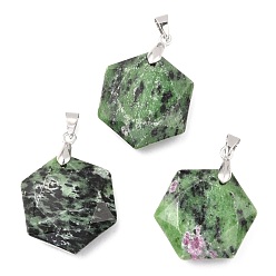 Ruby in Zoisite Faceted Natural Ruby in Zoisite Pendants, with Platinum Tone Brass Findings, Hexagon, 28x25x9mm, Hole: 4x5mm