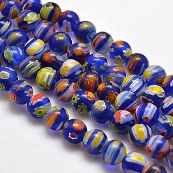 Royal Blue Round Millefiori Glass Beads Strands, Royal Blue, 6mm, Hole: 1mm, about 67pcs/strand, 14.7 inch