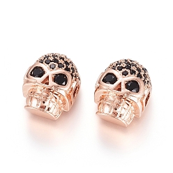 Real Rose Gold Plated Brass Micro Pave Cubic Zirconia Beads, Long-Lasting Plated, for Halloween, Skull Head, Black, Real Rose Gold Plated, 12.5x9.5x7mm, Hole: 2x2.5mm