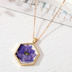 Purple flower #1 Bohemian Natural Dried Flower Hexagonal Geometric Transparent Glue Necklace Plant Floral Pendant