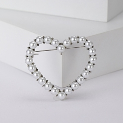 Platinum Heart with Pearl Pins, Alloy Brooches for Girl Women Gift, Platinum, 39x43mm