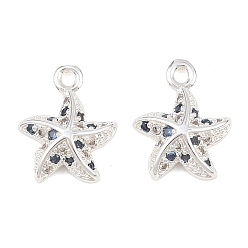 Посеребрённый Латунные микро проложить кубического циркония подвески, прелести морская звезда, 925 серебро покрытием, 12x10x3 мм, отверстие : 1.2 мм