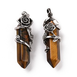 Tiger Eye Natural Tiger Eye Pointed Big Pendants, with Antique Silver Tone Rose Alloy Findings, Cadmium Free & Lead Free, Faceted, Bullet Charm, 48~50x16mm, Hole: 7x5mm