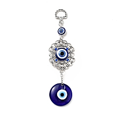 Antique Silver Lacy Flower Pendant Decorations, Handmade Lampwork & Alloy Rinestone & Resin Evil Eye Hanging Ornaments, Antique Silver, 158mm, Hole: 13.5x9.5mm