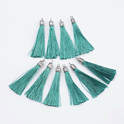 Turquoise Nylon pompon grandes décorations pendantes, avec les accessoires en alliage d'argent antique, turquoise, 55~67x7mm, Trou: 2mm