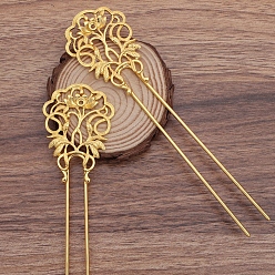 Golden Brass Hair Fork Findings, with Alloy Flower Filigree Findings, Golden, 155x40x5mm