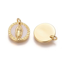 Golden Brass Pendants, with Shell and Jump Rings, Flat Round with Virgin Mary, Golden, 14x2.5mm, Hole: 3mm