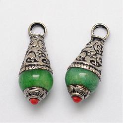 Green Brass Teardrop Pendants, with Resin Imitation Gemstone and Antique Silver, Green, 26~28x11mm, Hole: 4mm