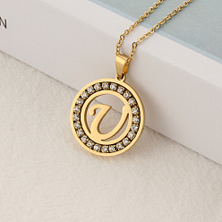 Letter U Crystal Rhinestone Initial Letter Pendant Necklace with Cable Chains, Stainless Steel Jewelry for Women, Golden, Letter.U, 15.75 inch(40cm)